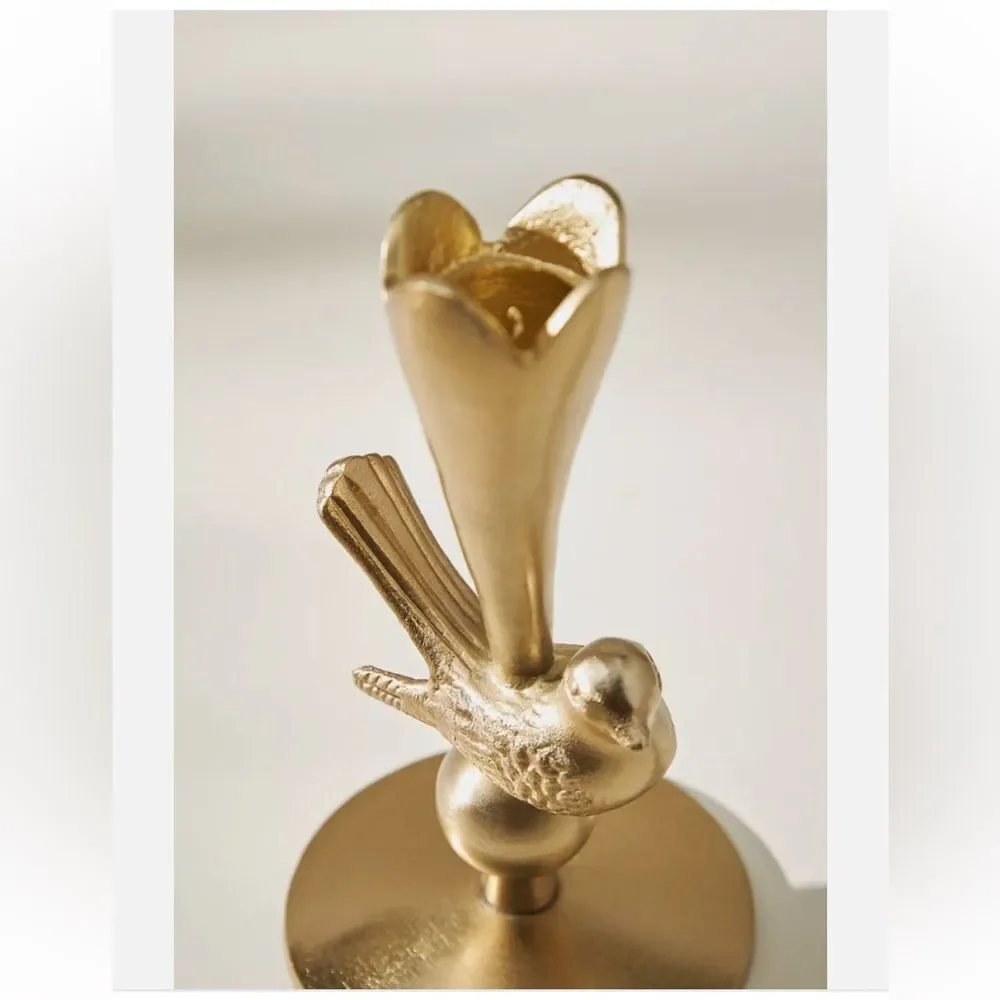 Anthropologie Marizia Sparrow Metal Taper Candle Holder Gold Birds Nature